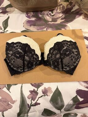 Victoria's Secret Black and Cream Lace Push-Up Bra